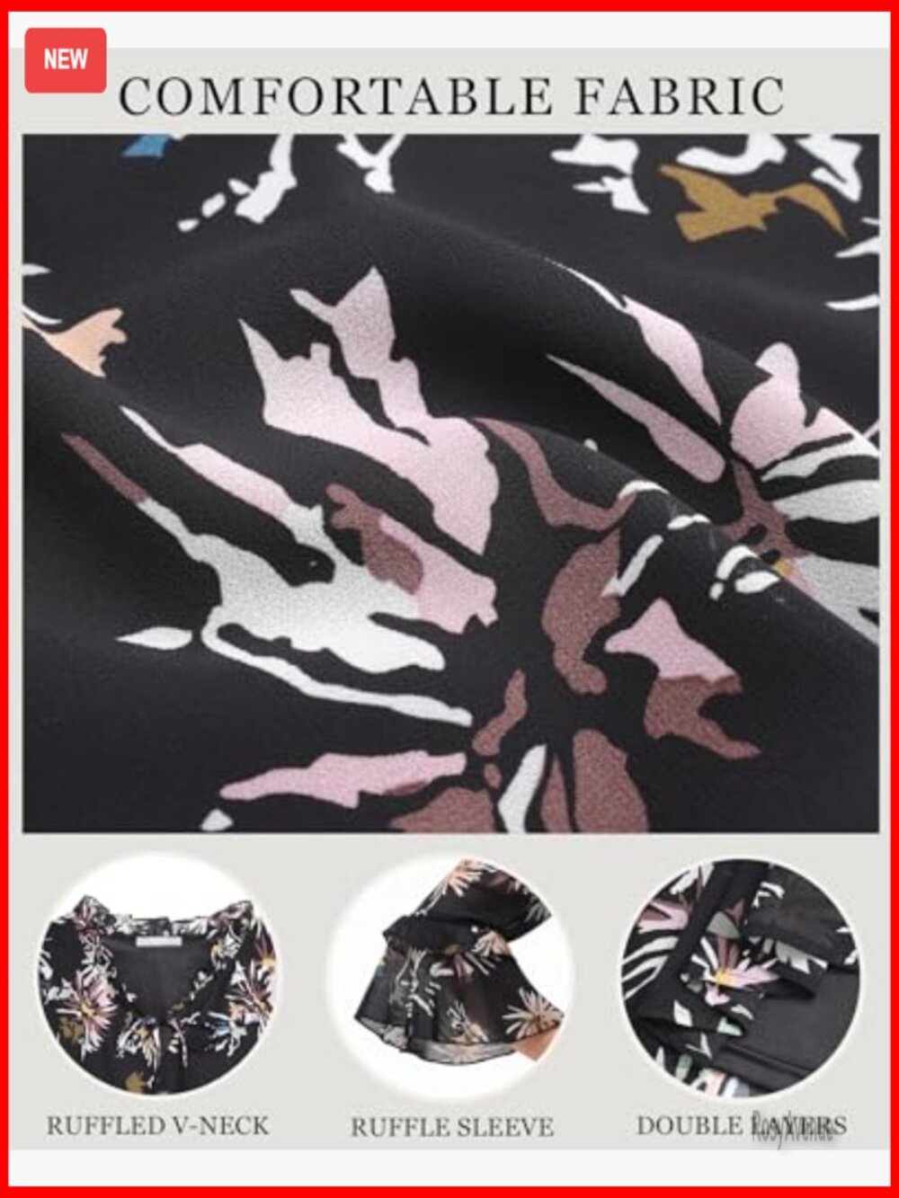 Womens Tops Dressy Casual Ruffle 3/4 Sleeve V Neck Elegant Floral Chiffon Blouse - Picture 5 of 7